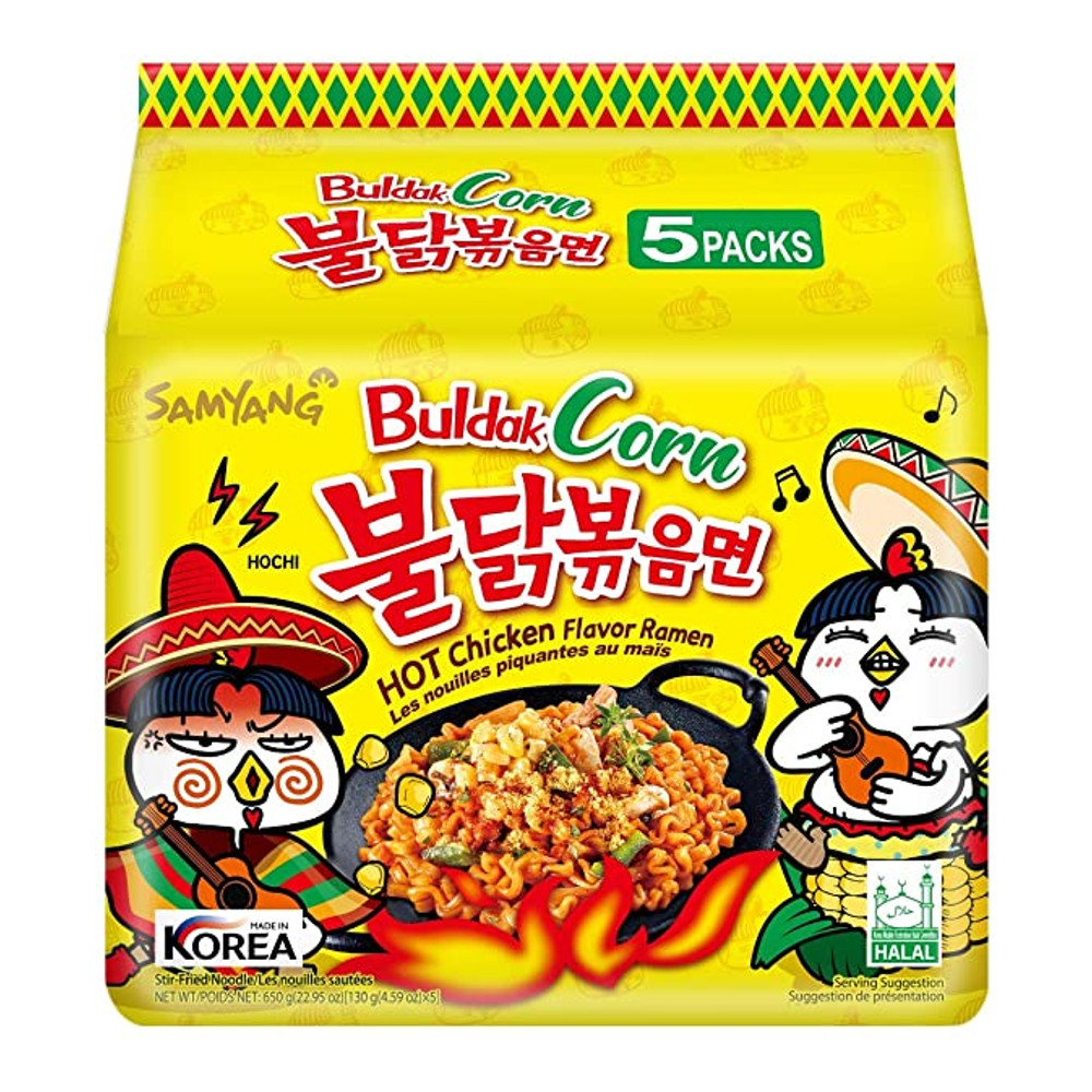 Kit de Lamen Coreano Super Picante Buldak Corn Hot Chicken Flavor Ramen Sabor Frango e Milho 130g - 5 Pacotes