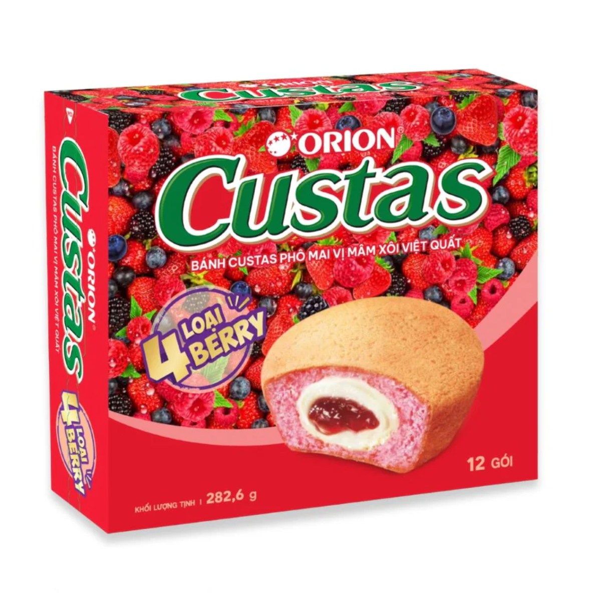 Bolinho Macio com Recheio Cremoso de Queijo e  4 Frutas Vermelhas Custard Orion 282 Gramas - 12 unidades