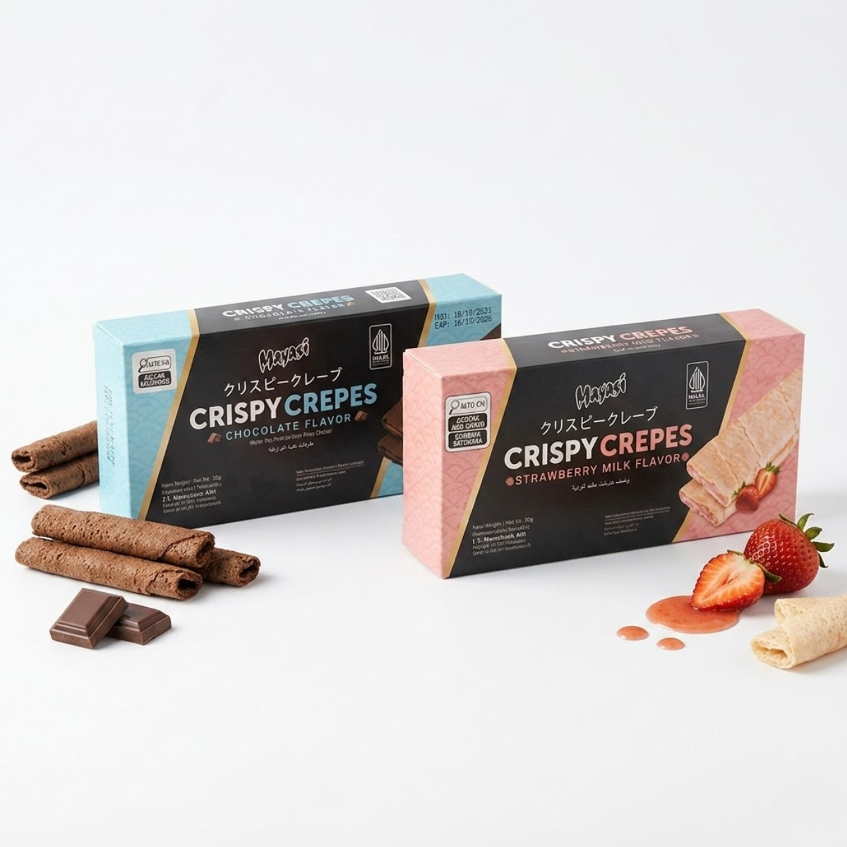 Kit de Crepes Crocante Recheado Sabor Chocolate e Morango Leite Mayasi Crispy Crepes - (85 gramasx2)
