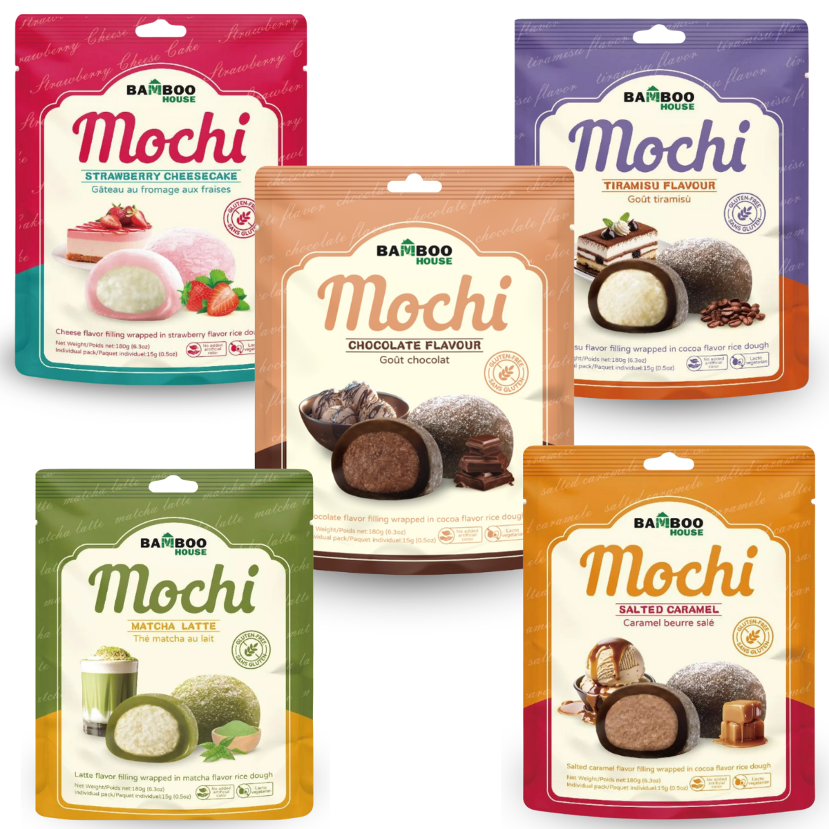 Kit de Mochi Importado com Recheio Bamboo House 180 gramas (Sem Glúten e Vegetariano) - 5 Sabores