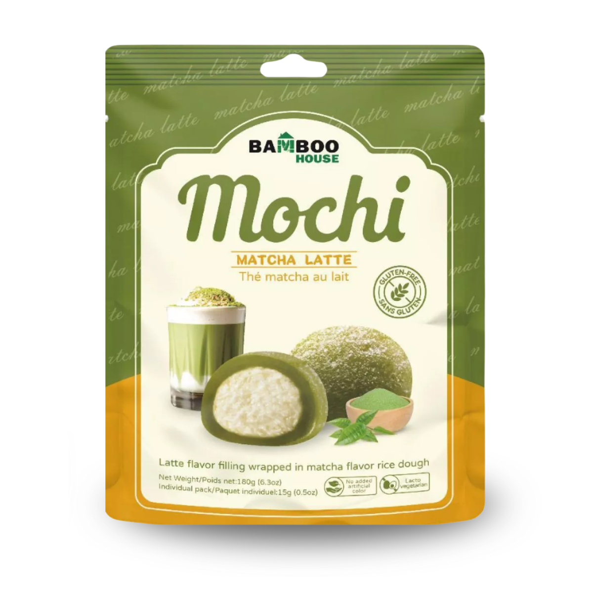Mochi Importado Sabor Chá Verde com Recheio Sabor Matcha Latte Bamboo House - 180 gramas (Sem Glúten e Vegetariano)