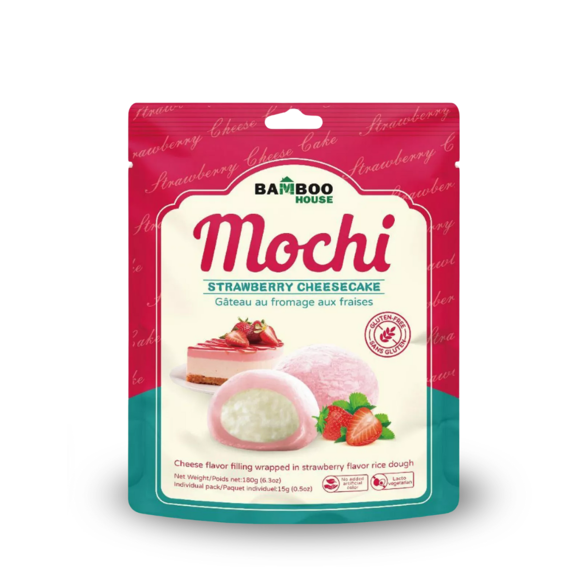 Mochi Importado Sabor Morango com Recheio Sabor Cheesecake Bamboo House - 180 gramas (Sem Glúten e Vegetariano)