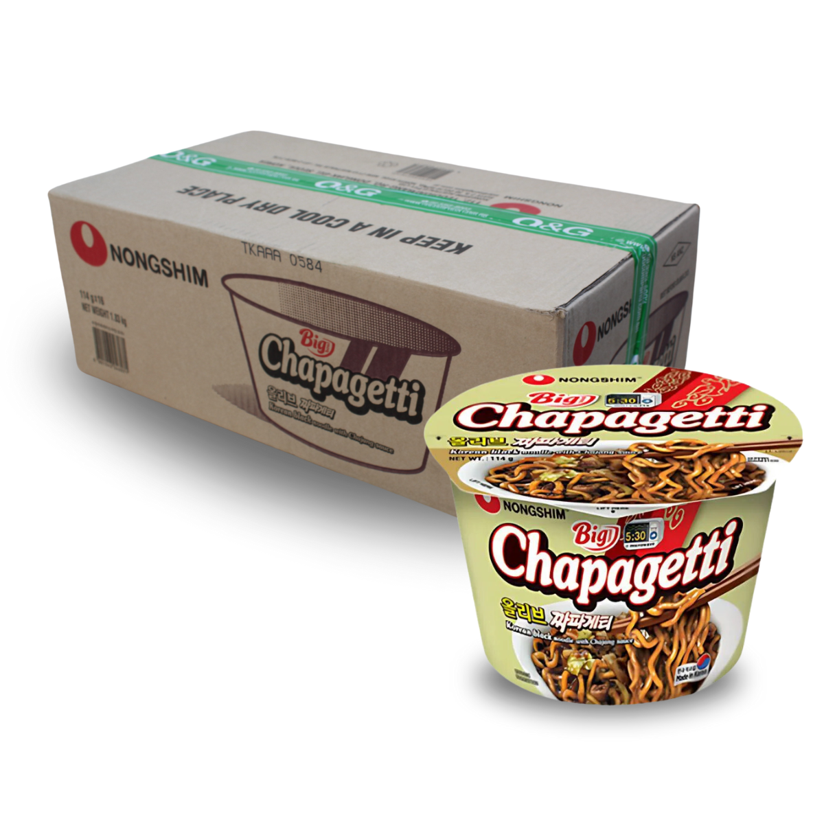 Caixa de Lamen Coreano Chapaghetti Big Bowl Nongshim com Tempero de Feijão Preto Tostato 114g - 16 Copos