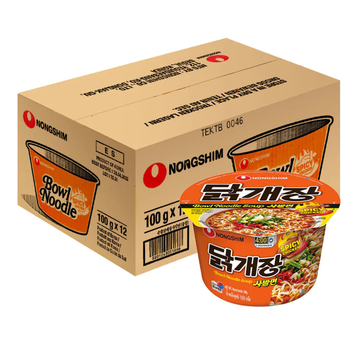 Caixa de Macarrão Lamen Coreano Bowl Noodle Sabor Galinha Picante 100g - 12 Copos