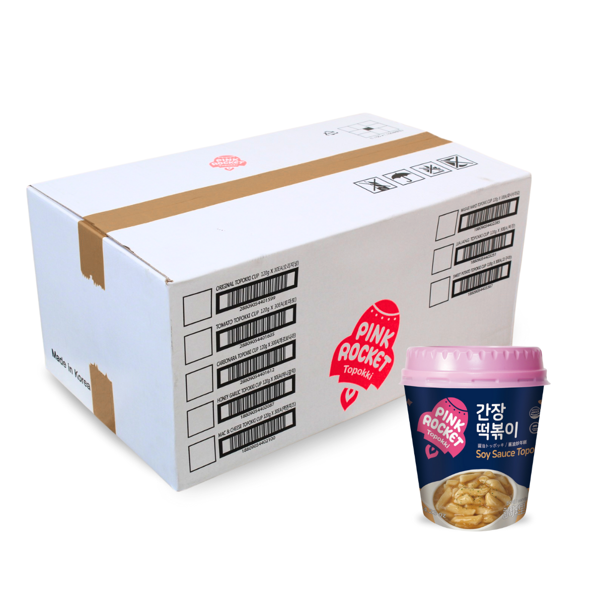 Caixa de Topokki Bolinho de Arroz Coreano Instantâneo sabor Molho Shoyu Pink Rocket Copo 120 gramas - 30 Copos