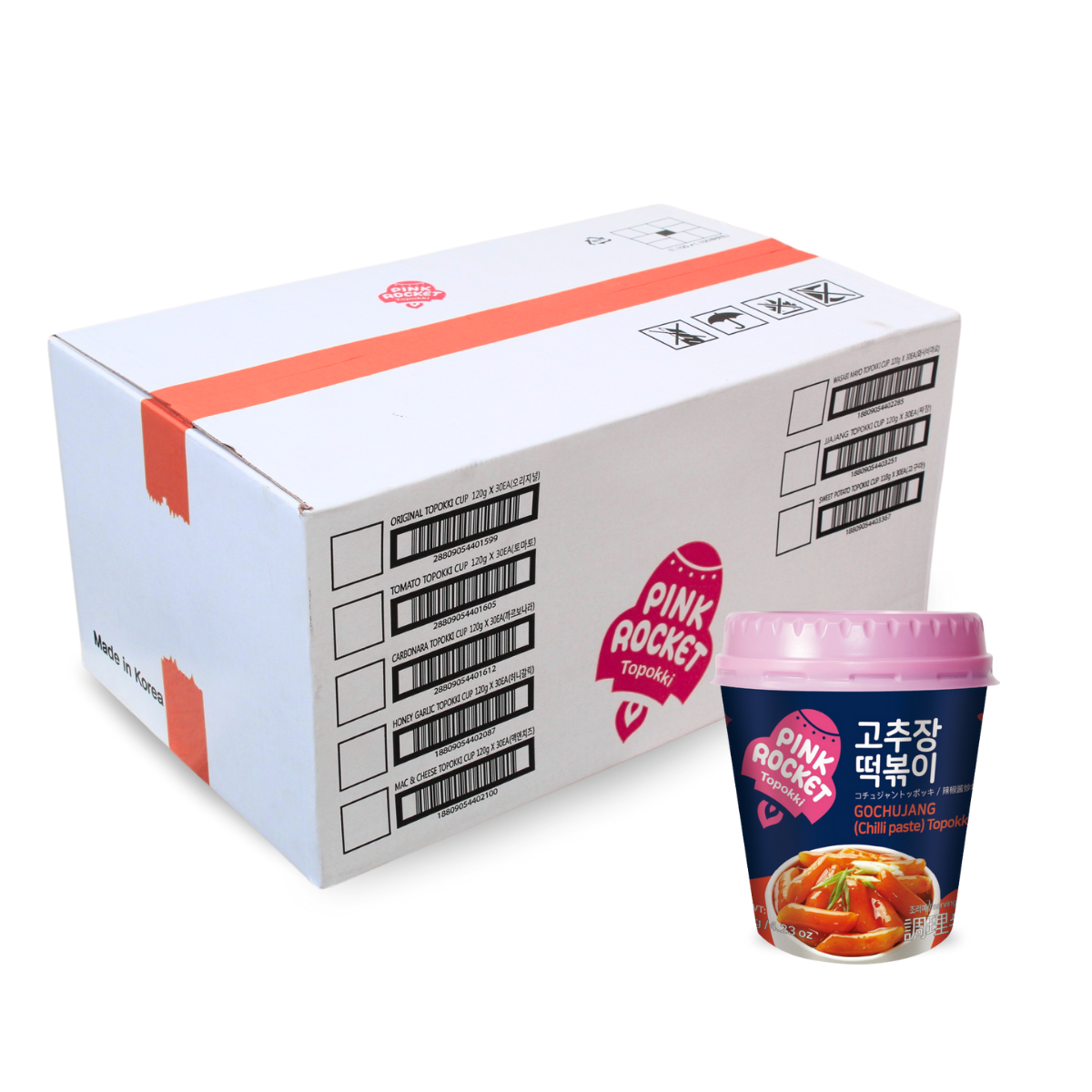 Caixa de Topokki Bolinho de Arroz Coreano Instantâneo sabor Pimenta Gochujang Pink Rocket Copo 120 gramas - 30 Copos
