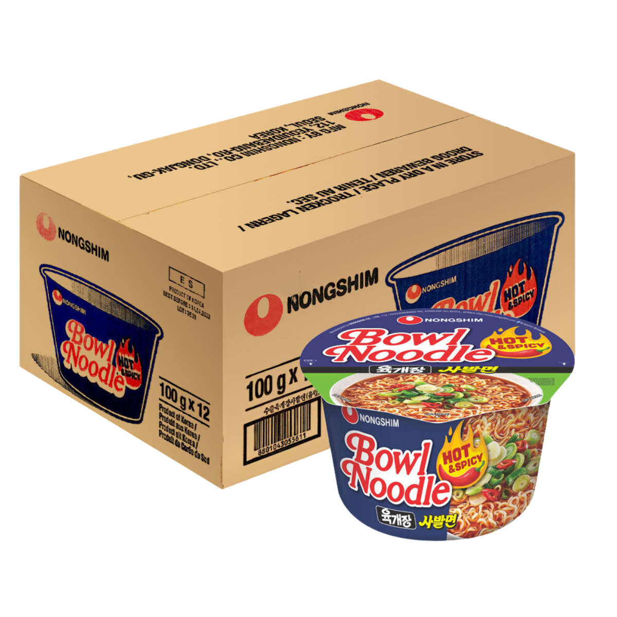 Caixa Lamen Coreano Bowl Noodle Soup Nongshim Hot & Spicy 100g - 12 Copos