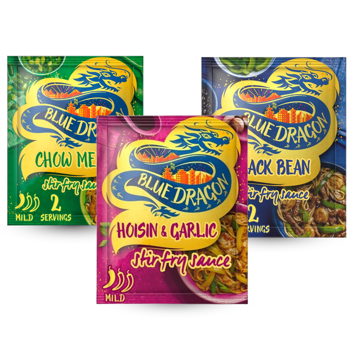 Kit de Molhos Orientais Blue Dragon para Wok: Black Bean, Chow Mein e Hoisin com Alho - Vegano (3 unidades de 120g)