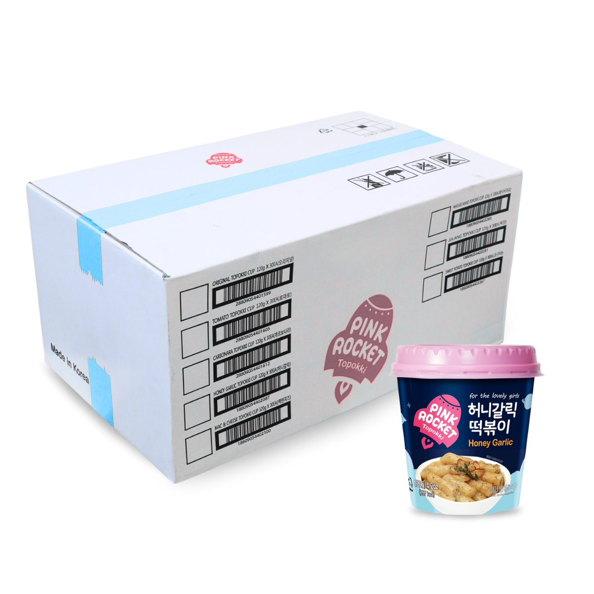 Caixa Topokki Bolinho de Arroz Coreano Instantâneo sabor Alho e Mel Pink Rocket Copo 120 gramas - 30 Copos