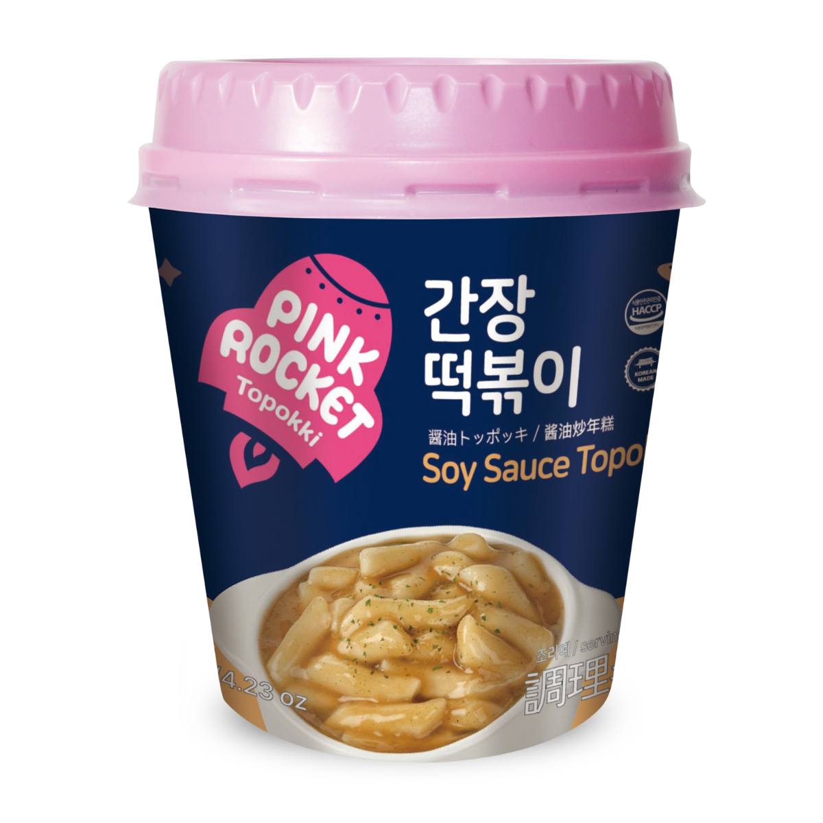 Topokki Bolinho de Arroz Coreano Instantâneo sabor Molho Shoyu Pink Rocket Copo - 120 gramas