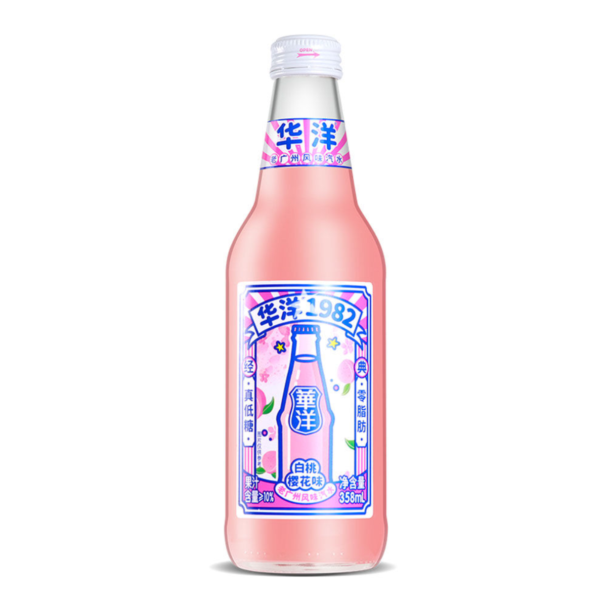 Bebida Gaseificada Sabor Pêssego Branco e Cereja (Sakura) Huayang 1982 - 358mL