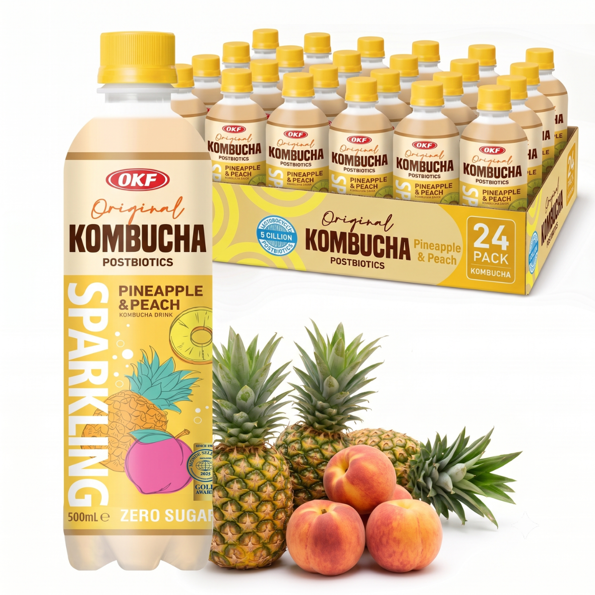 Caixa de Bebida Gaseificada de Chá Kombucha com Abacaxi e Pêssego OKF 500 mL - 24 Garrafas