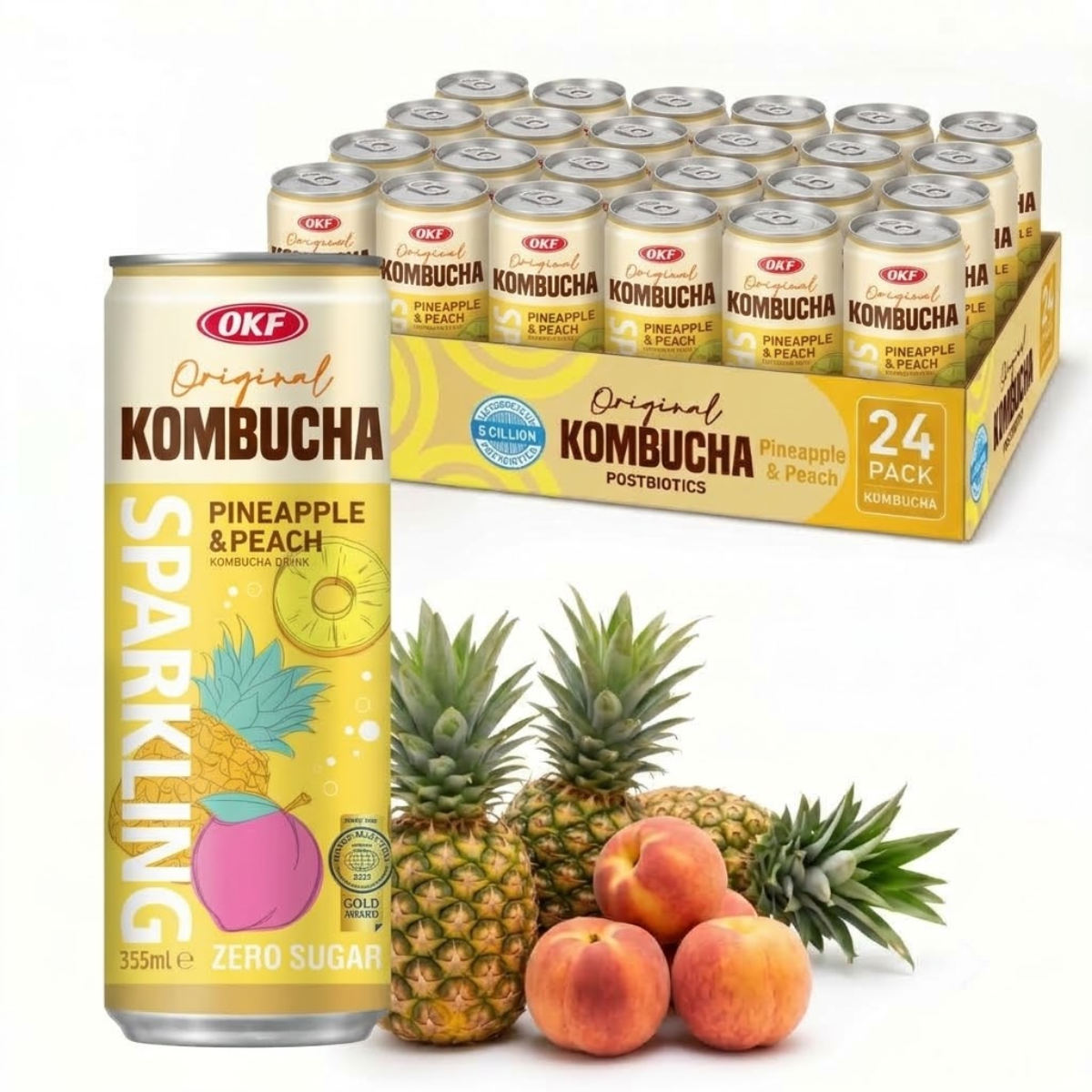 Caixa de Kombucha Gaseificada Abacaxi e Pêssego Zero Açúcar OKF 355ml - 24 Latas
