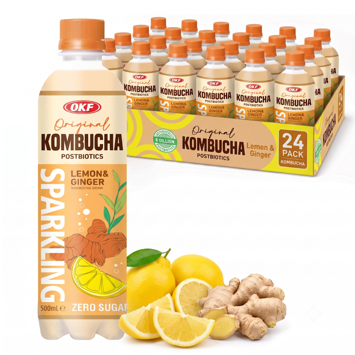 Caixa de Bebida Gaseificada de Chá Kombucha com Limão e Gengibre OKF 500 mL - 24 Garrafas