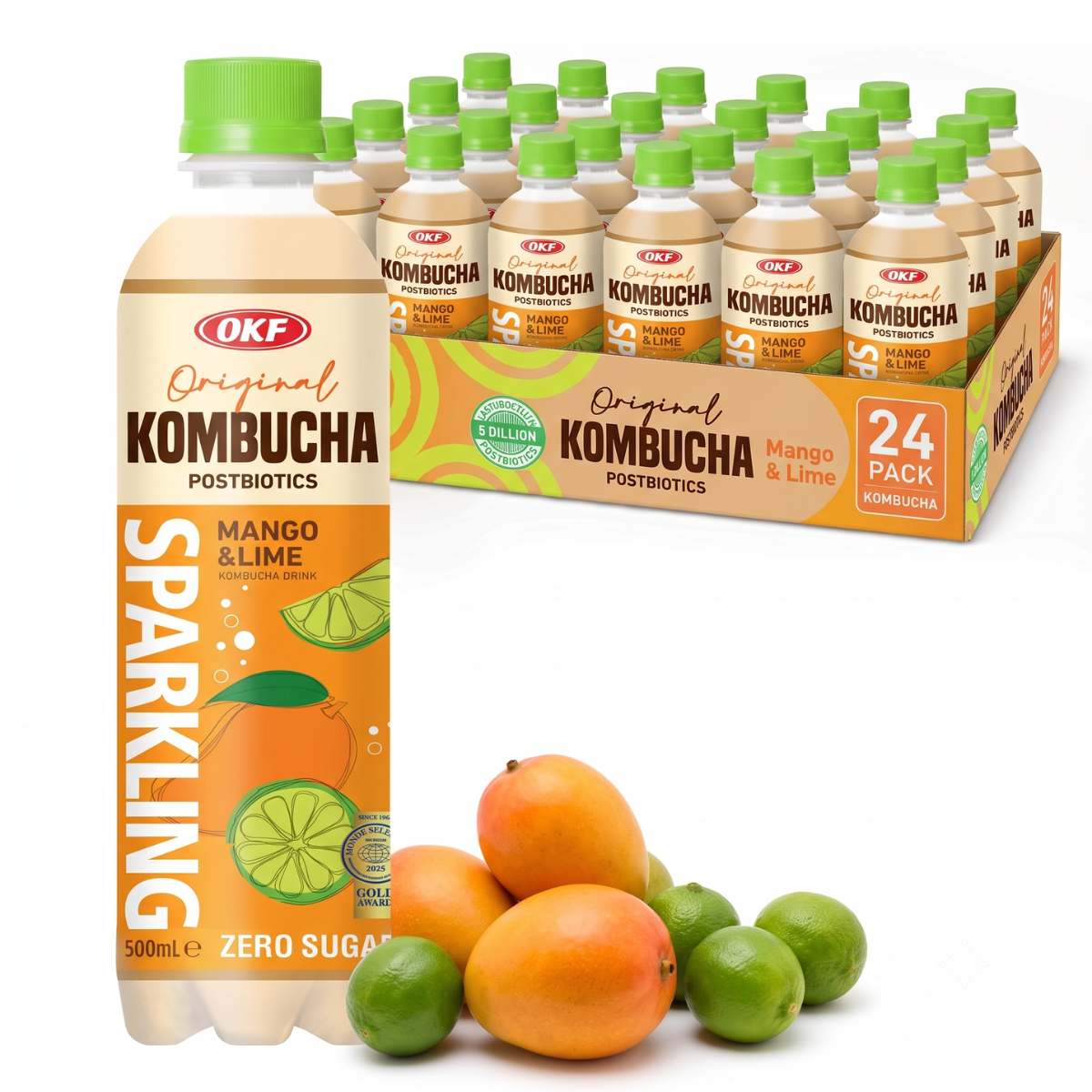 Caixa de Bebida Gaseificada de Chá Kombucha com Manga e Limão OKF 500 mL - 24 Garrafas