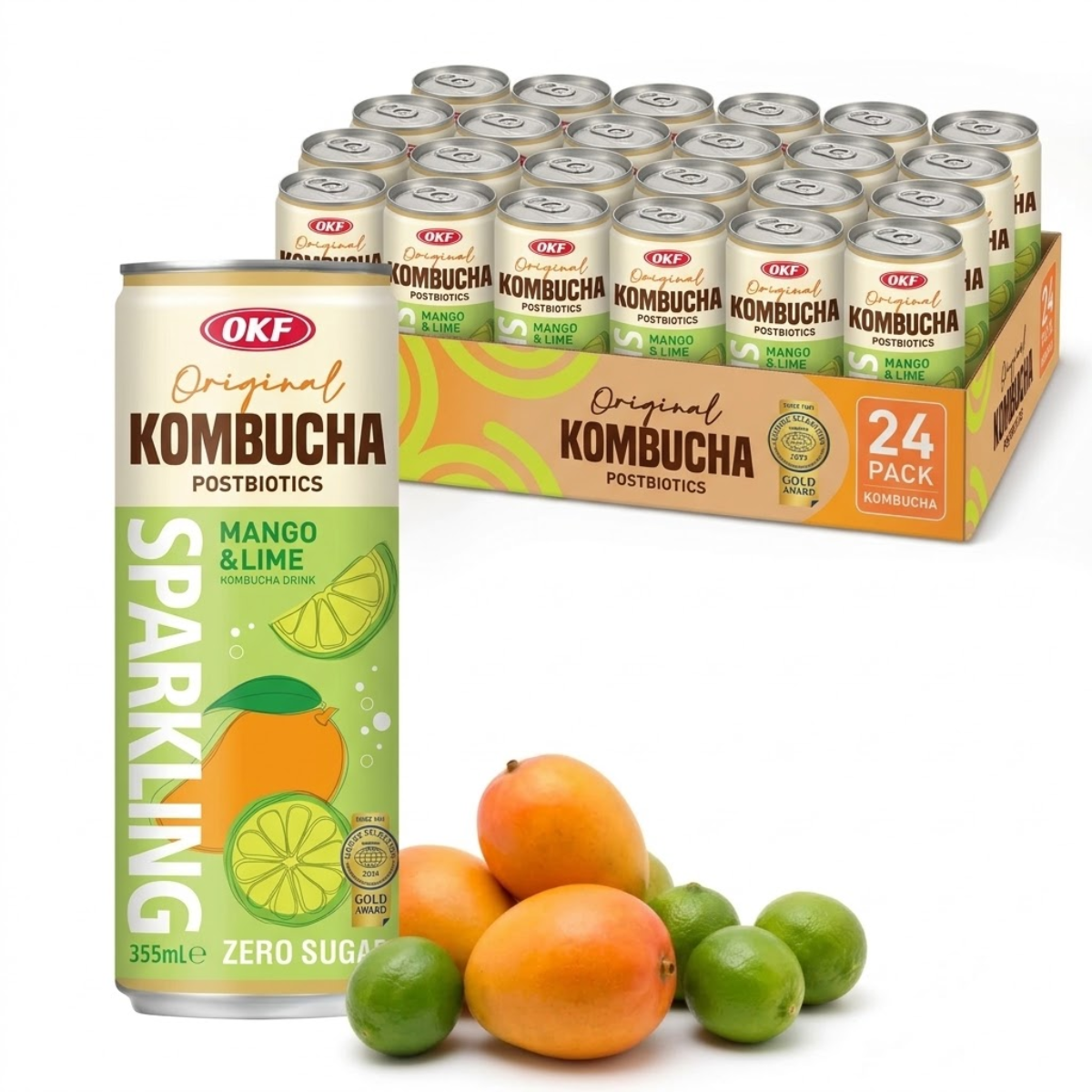 Caixa de Kombucha Gaseificada Manga e Limão Zero Açúcar OKF 355ml - 24 Latas