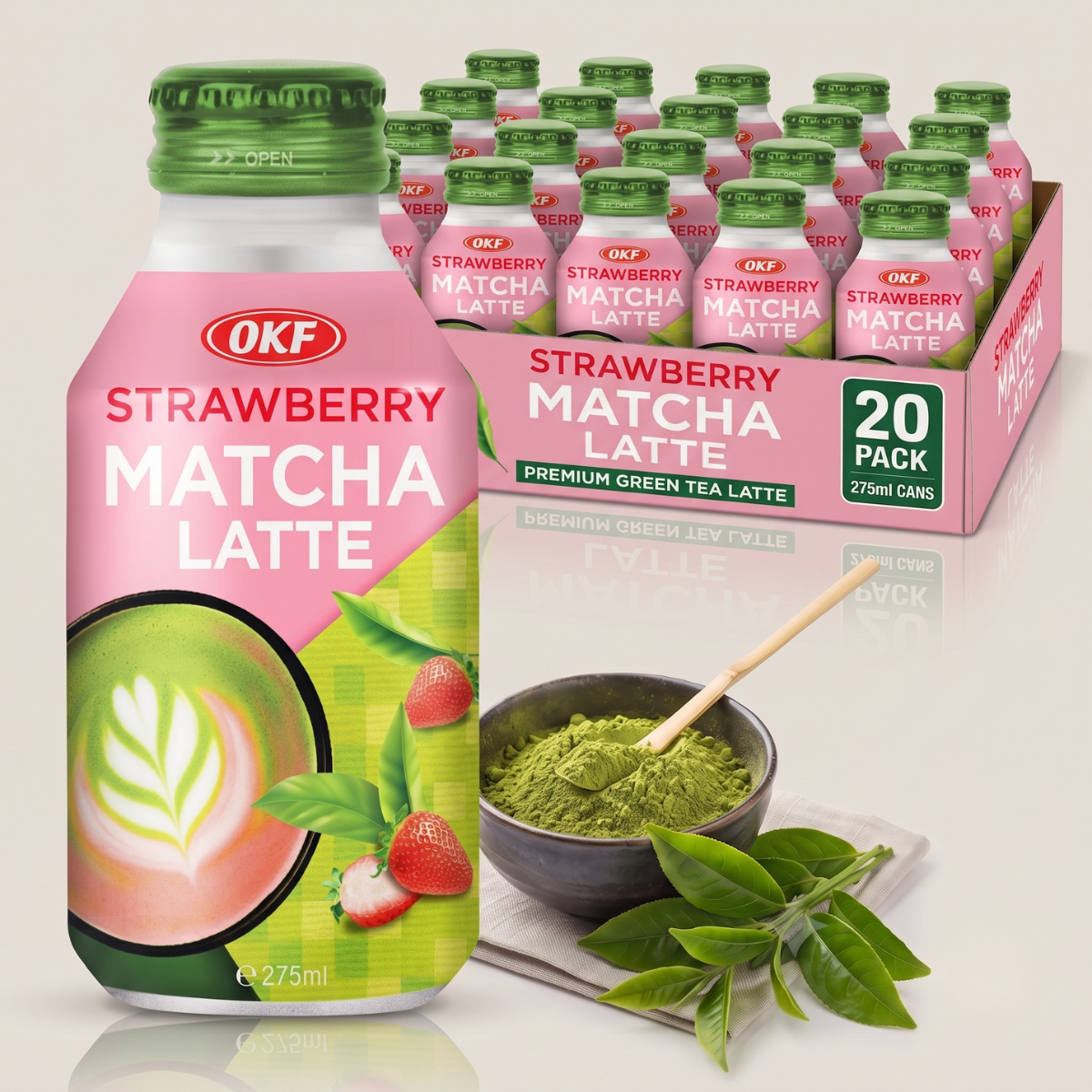 Caixa de Bebida Pronta Coreana Matcha Latte Morango OKF 275ml - 20 Latas