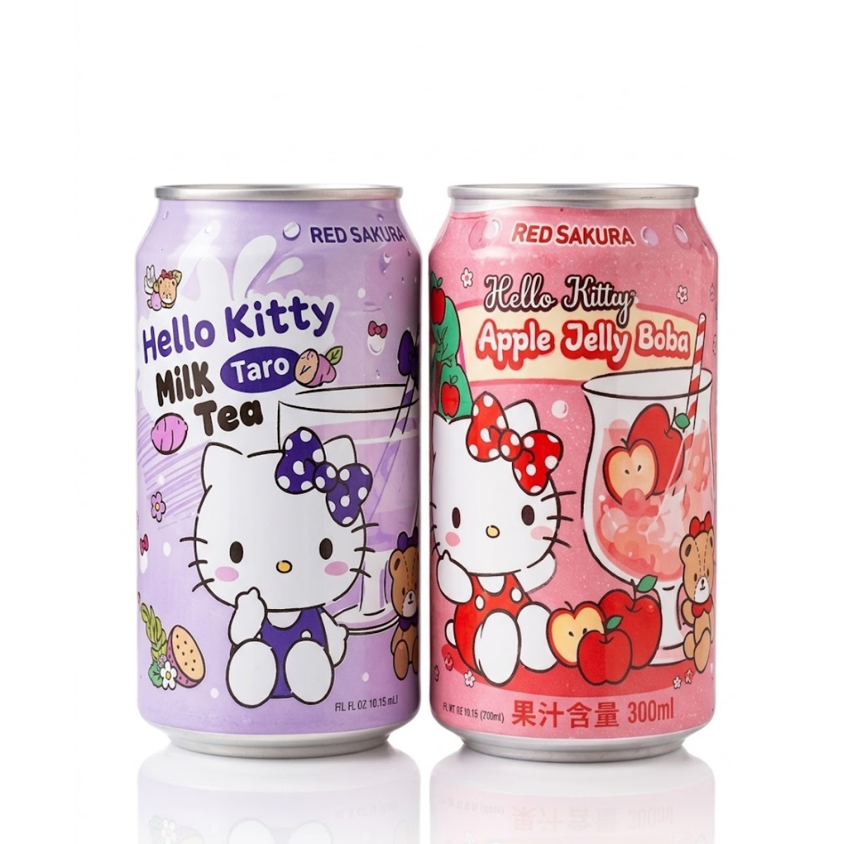 Kit 2 Latas Bebidas Asiáticas Hello Kitty Red Sakura - Leite com Inhame e Maçã com Boba Jelly