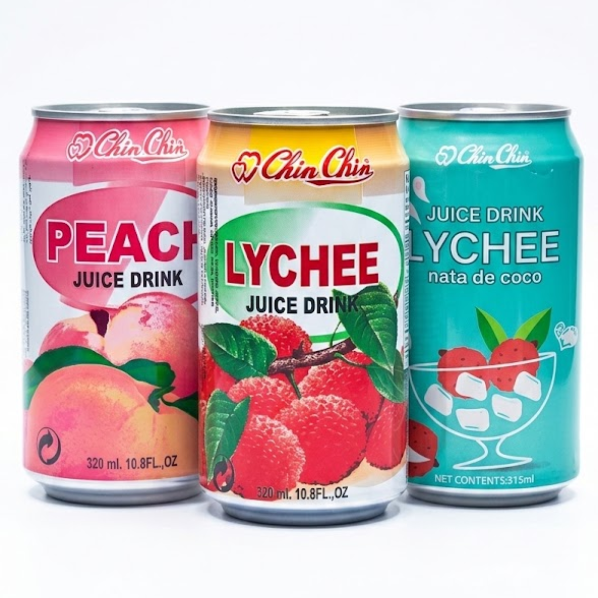 Kit 3 Latas de Suco Chin Chin - Sabores Pêssego, Lichia, Lichia com Nata de Coco