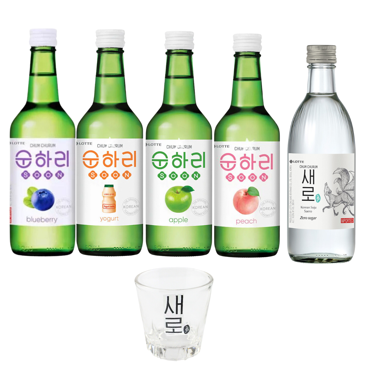Kit 5 Soju Bebida Coreana Chum-churum Importado 4 Sabores + 1 Soju Saero - COPO
