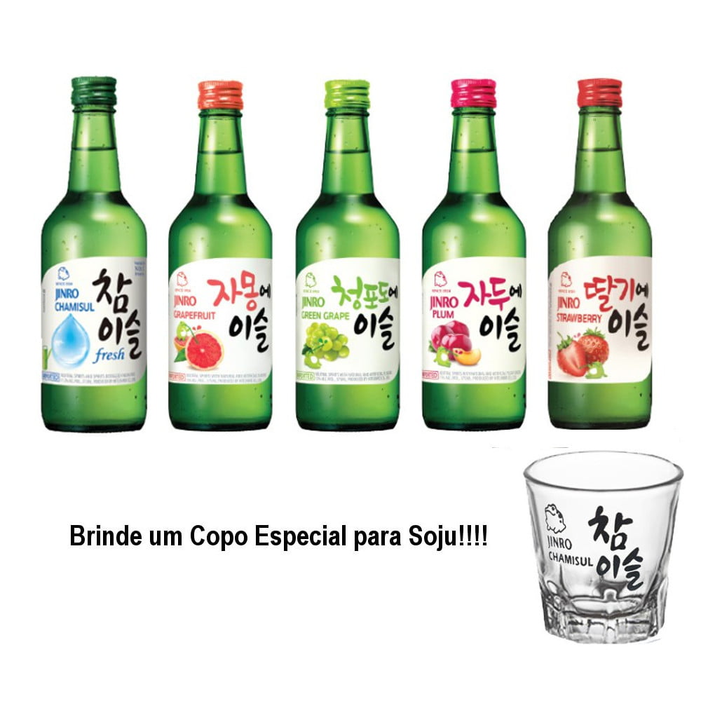 Kit 5 Soju Bebida Coreana Jinro Fresh e Sabores - 1 Copo Brinde
