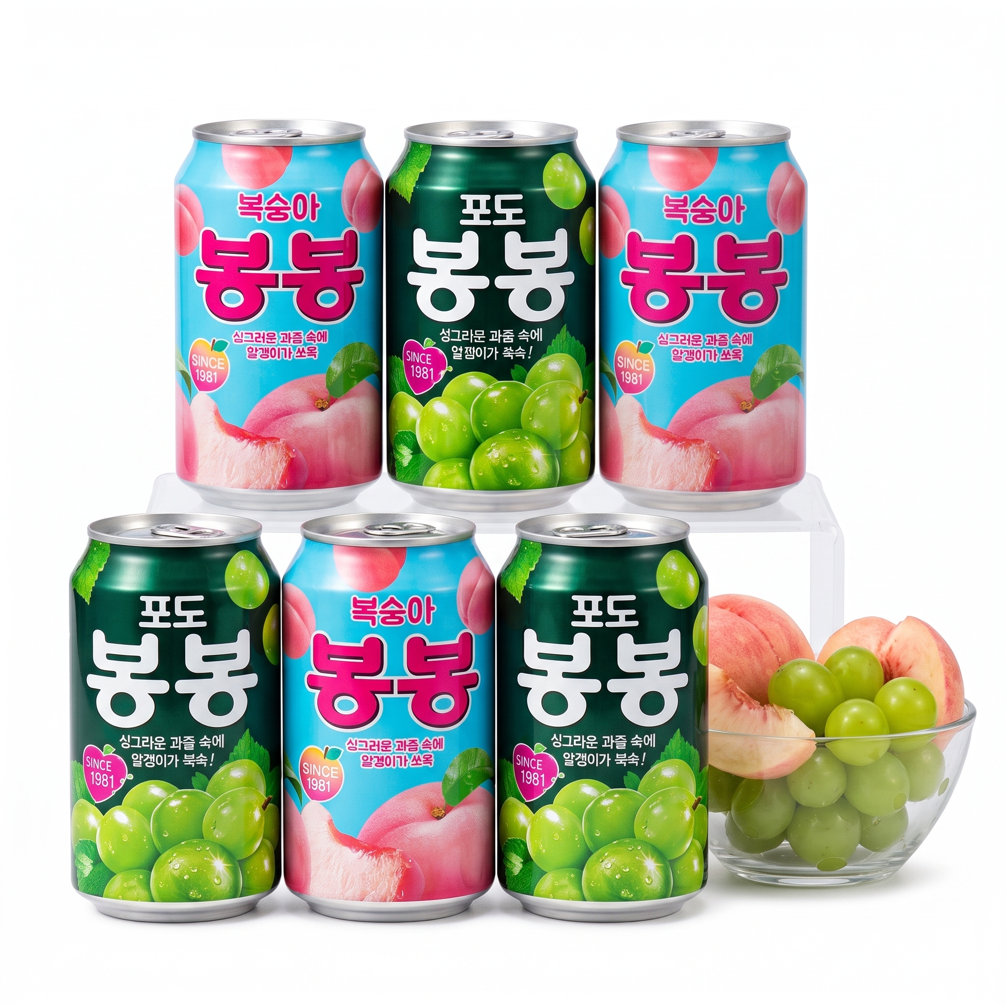 Kit 6 Latas Suco Coreano Bon Bon Haitai com Pedacos de Fruta - Uva Verde e Pessego 340mL