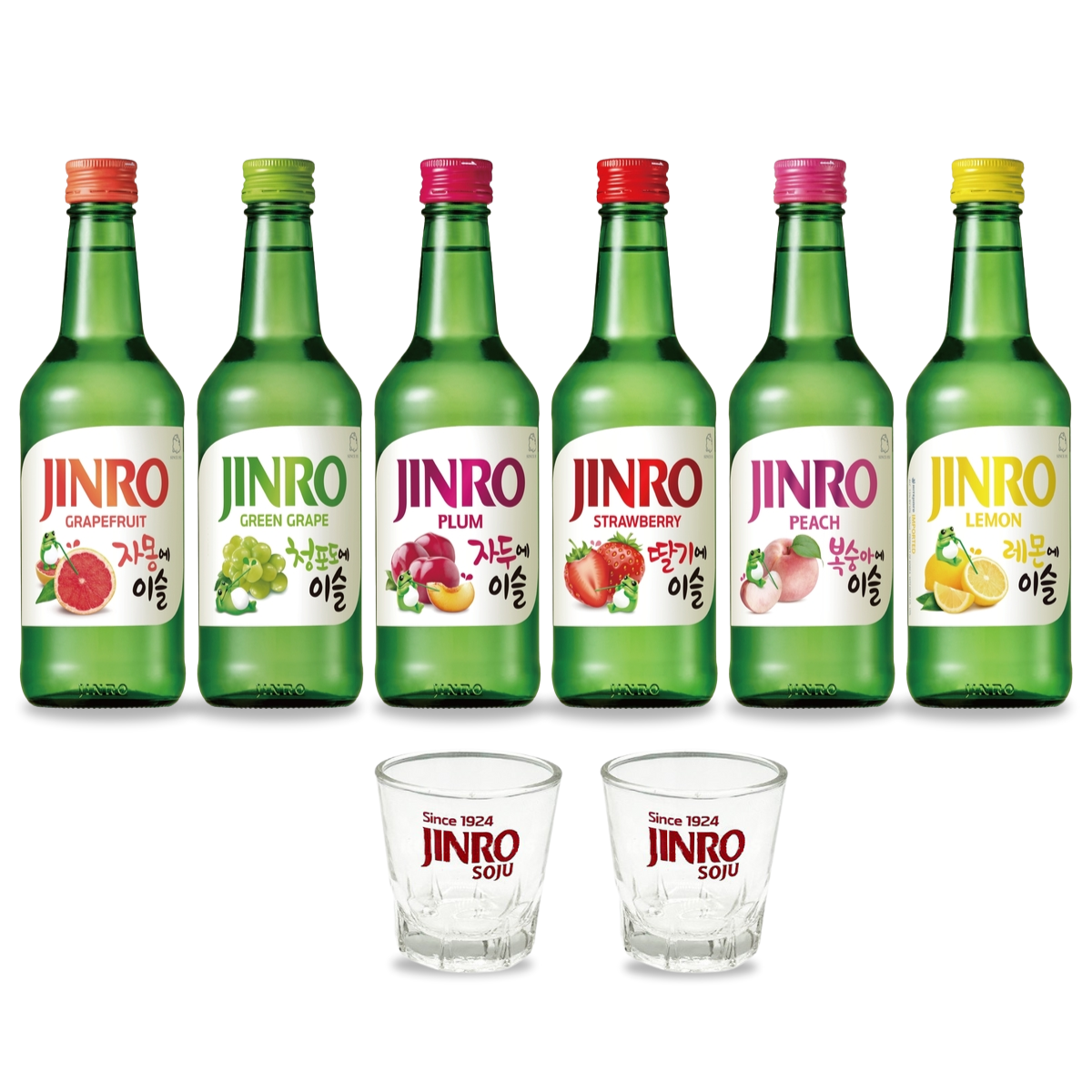 Kit 6 Soju Bebida Coreana Jinro Sabores Frutas + 2 COPOS BRINDE