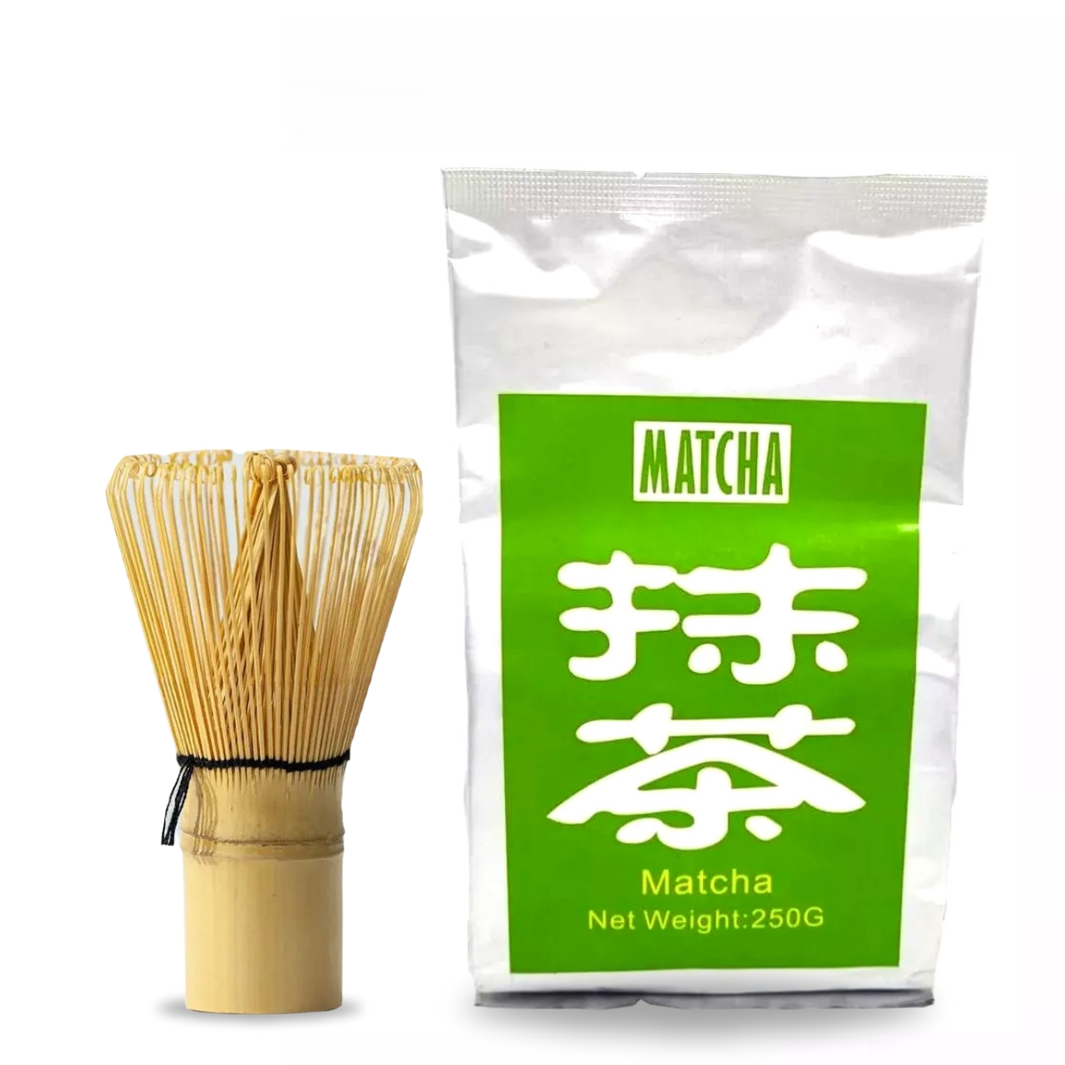 Kit Chá Verde em Pó Matcha 250g + Chasen Misturador de Bambu Tradicional