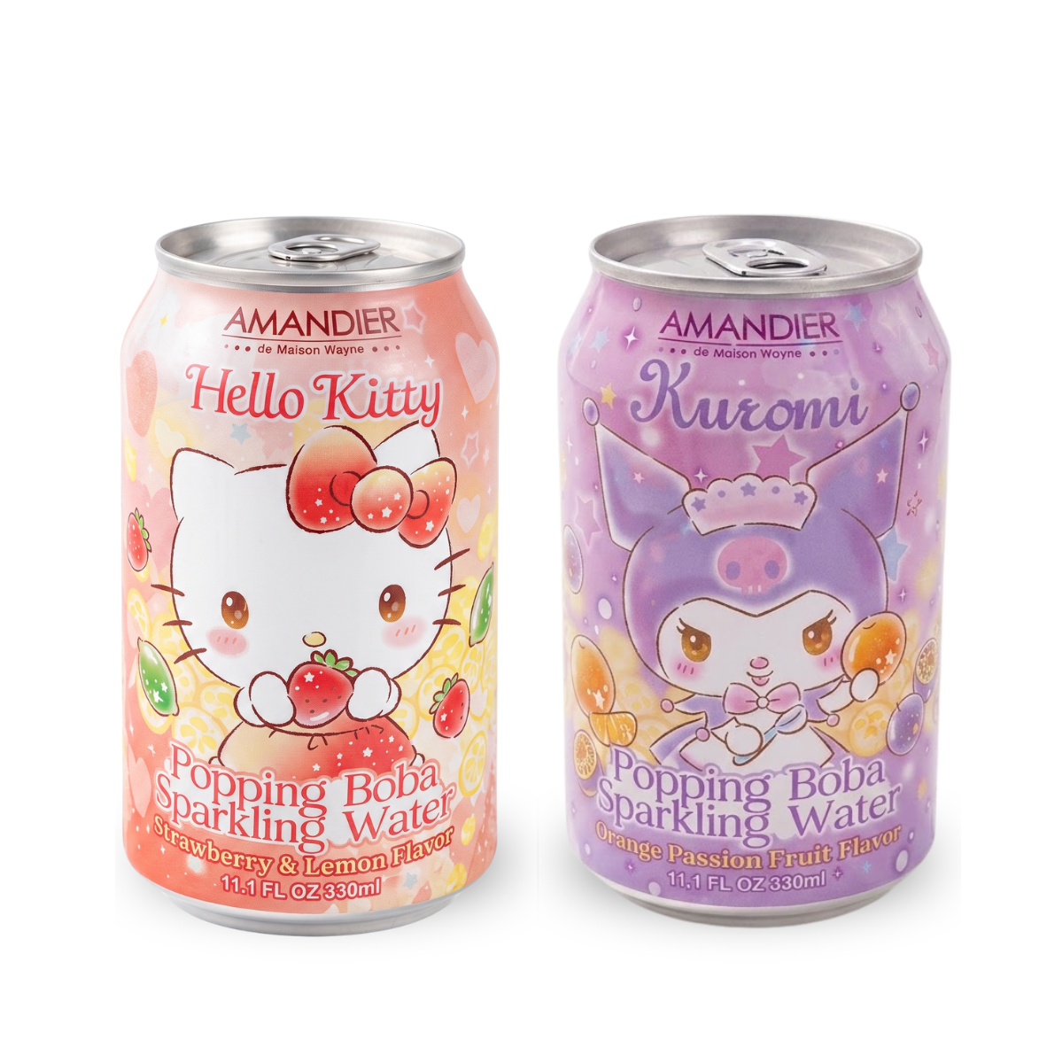Kit de Refrigerante com Boba Explosiva Hello Kitty e Kuromi Amandier 330ml - 2 Sabores
