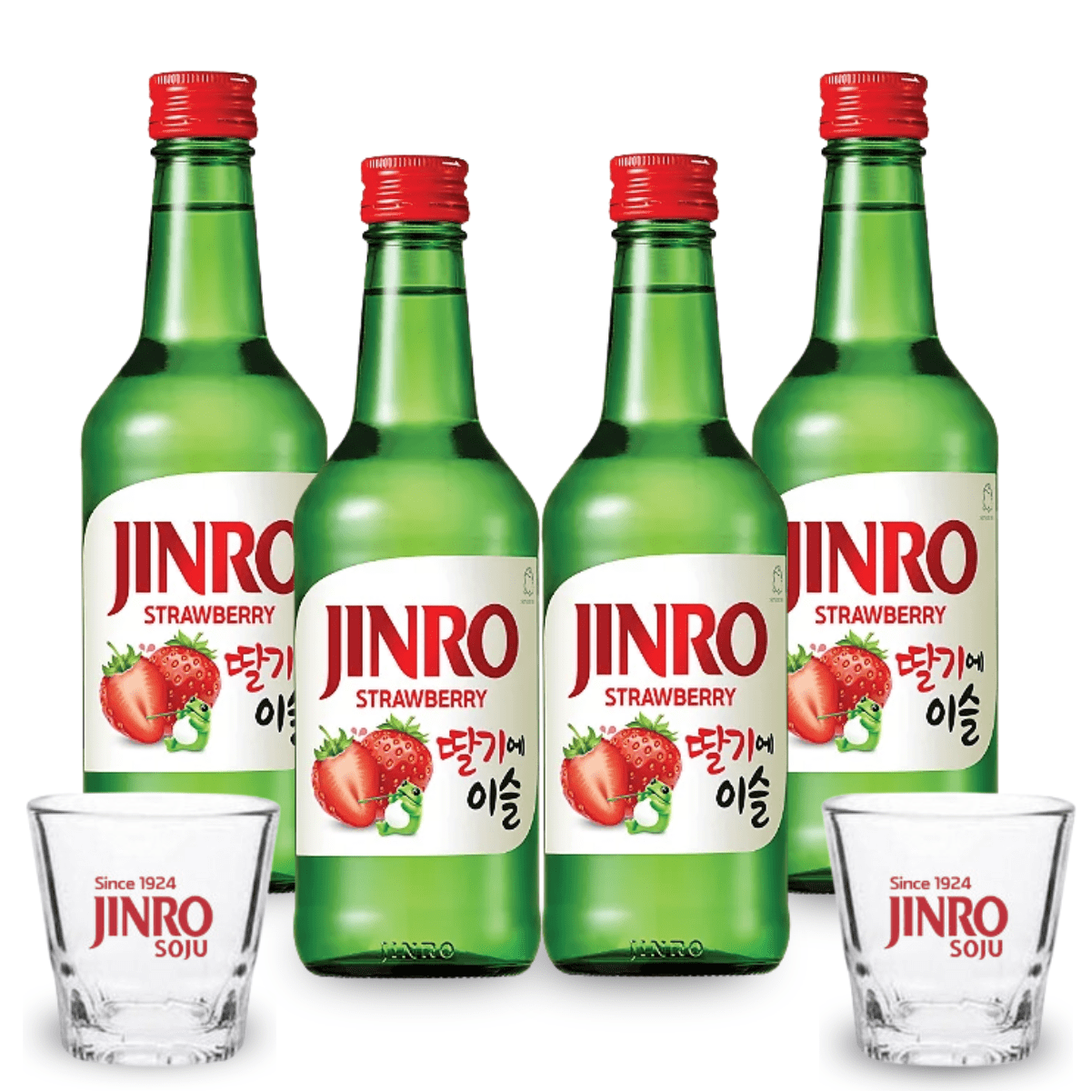 Kit de Soju Importado Jinro com 4 Garrafas 360mL + 2 COPOS BRINDE ( SABOR MORANGO)