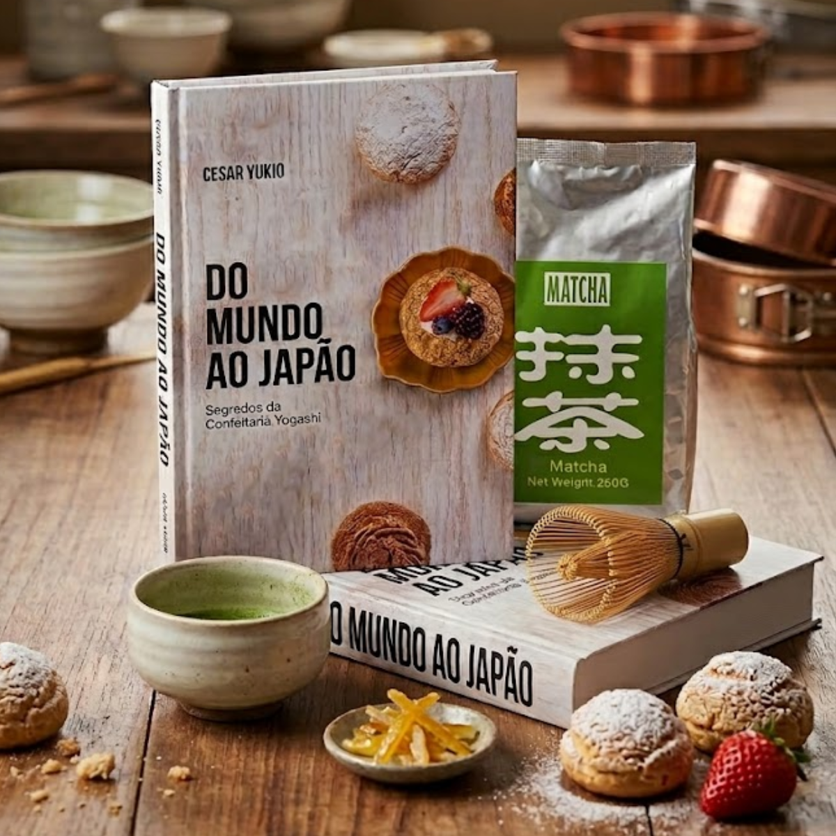 Kit Exclusivo Confeitaria Yogashi: Livro "Do Mundo ao Japão" + Matcha Premium + Chasen Profissional