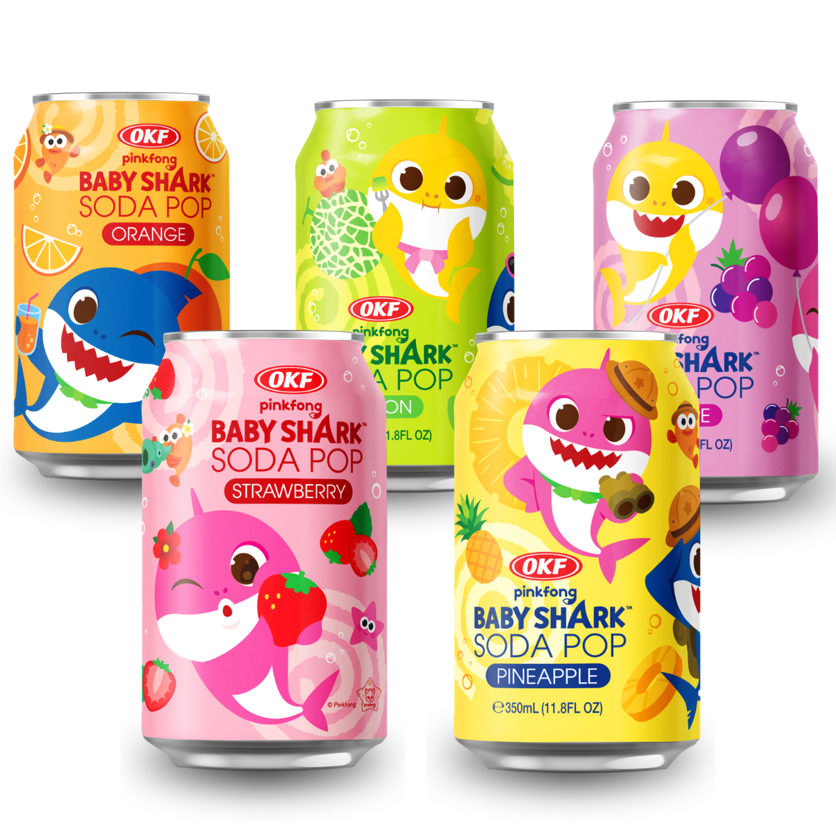 Kit Refrigerante Coreano Baby Shark Soda Pop OKF 350ml - 5 Sabores