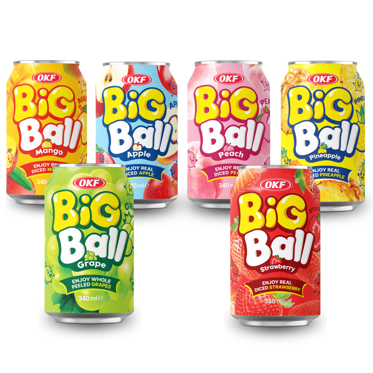 Kit Refrigerante Coreano Big Ball Pedaços da Fruta OKF 340ml - 6 Sabores