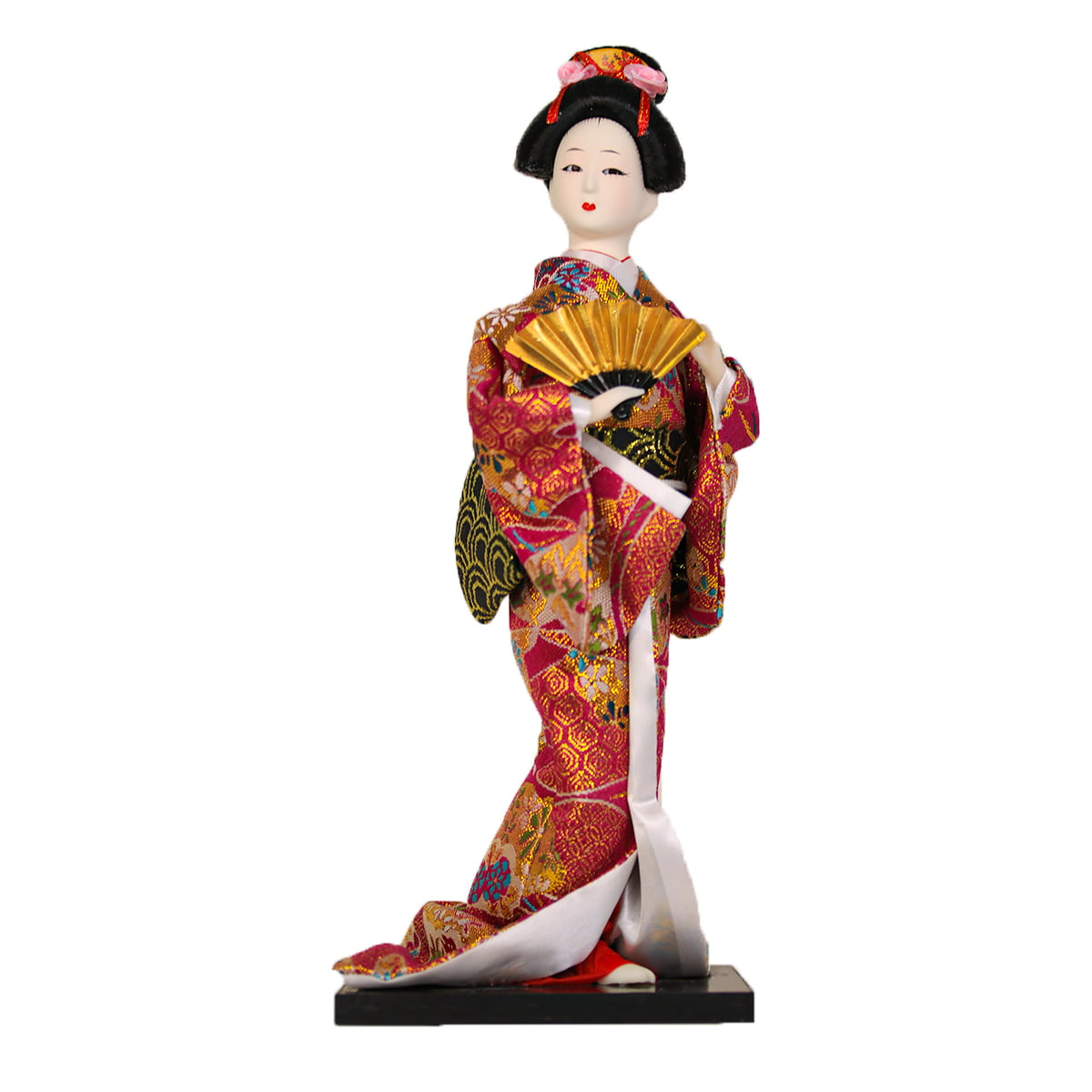 Boneca Japonesa Gueixa Artesanal com Kimono Pink e Leque Dourado - 30cm