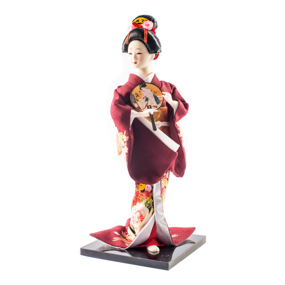 Boneca Japonesa Gueixa Artesanal com Kimono Vinho e Leque Redondo - 30cm
