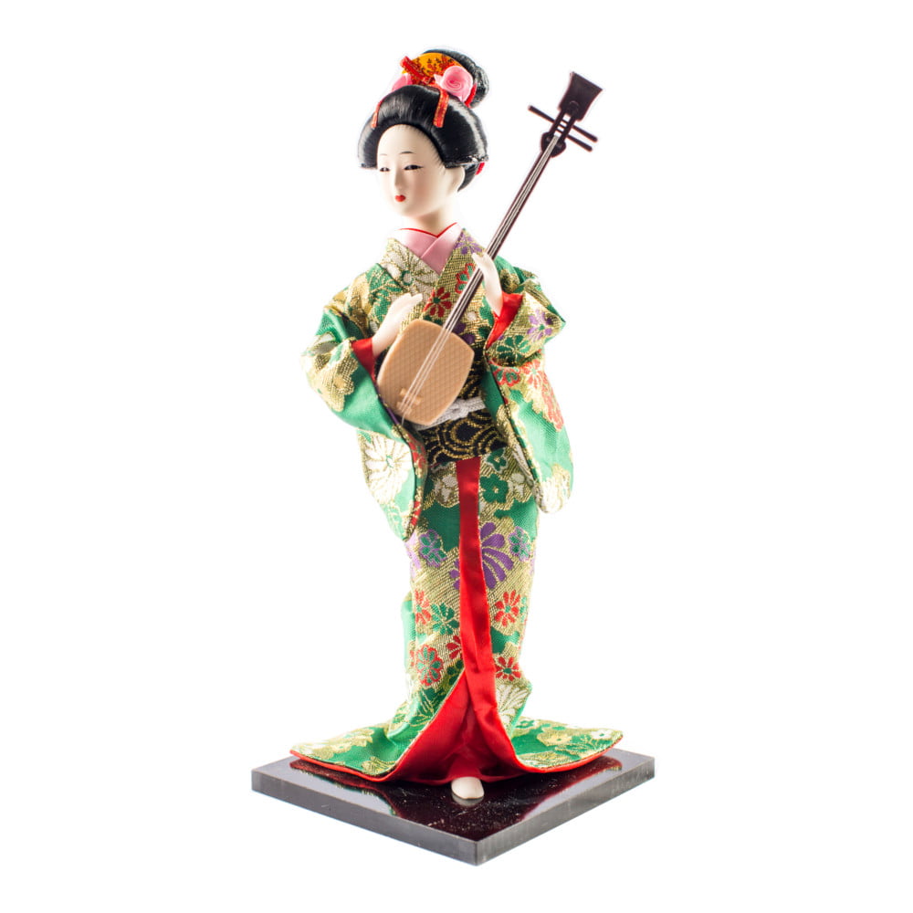 Boneca Japonesa Gueixa Artesanal com Kimono Verde e Sanshin - 30cm