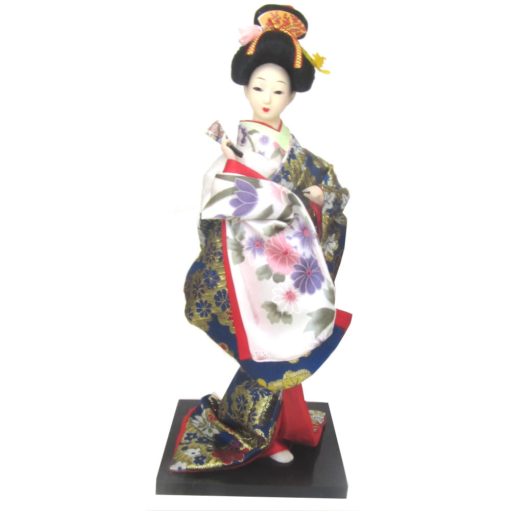 Boneca Japonesa Gueixa Artesanal com Kimono Azul e Leque Fechado