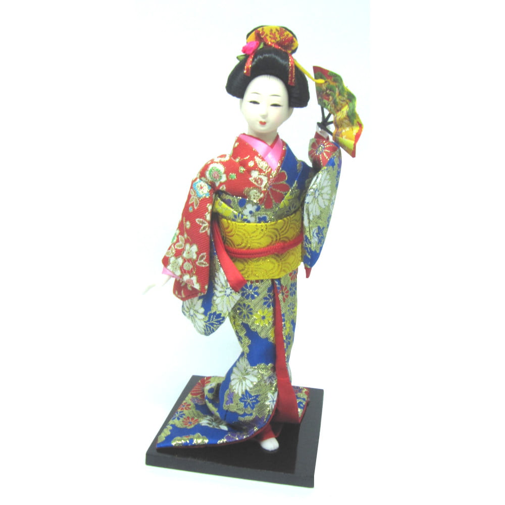 Boneca Japonesa Gueixa Artesanal com Kimono Colorido e Leque