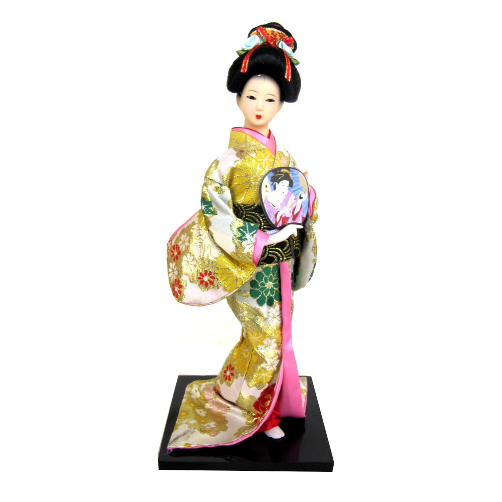 Boneca Japonesa Gueixa Artesanal com Kimono Creme e Leque Arredondado