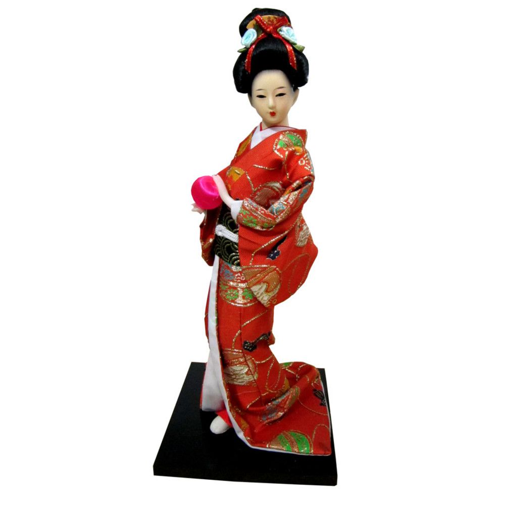 Boneca Japonesa Gueixa Artesanal com Kimono Laranja e Bola Rosa