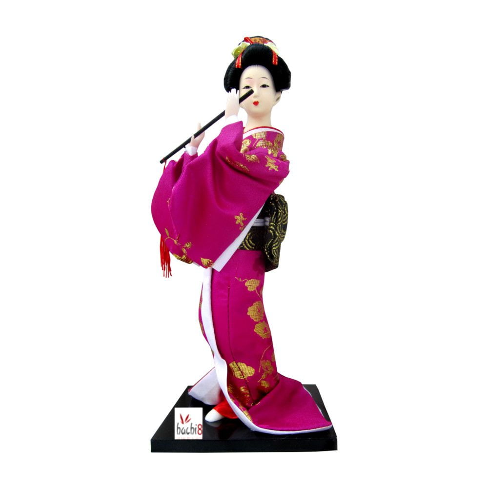 Boneca Japonesa Gueixa Artesanal com Kimono Pink e Bastão de Dança