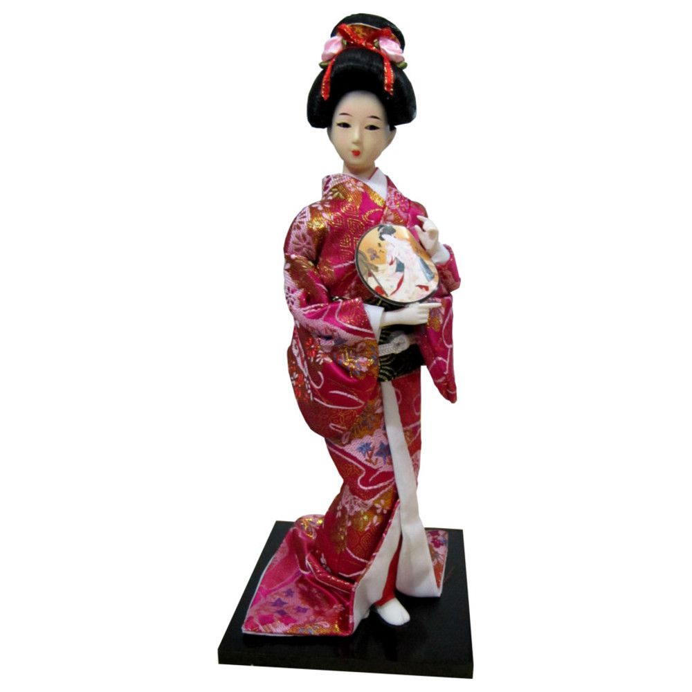 Boneca Japonesa Gueixa Artesanal com Kimono Pink e Leque