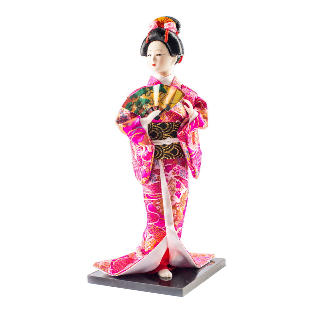 Boneca Japonesa Gueixa Artesanal com Kimono Pink e Leque Colorido - 30cm