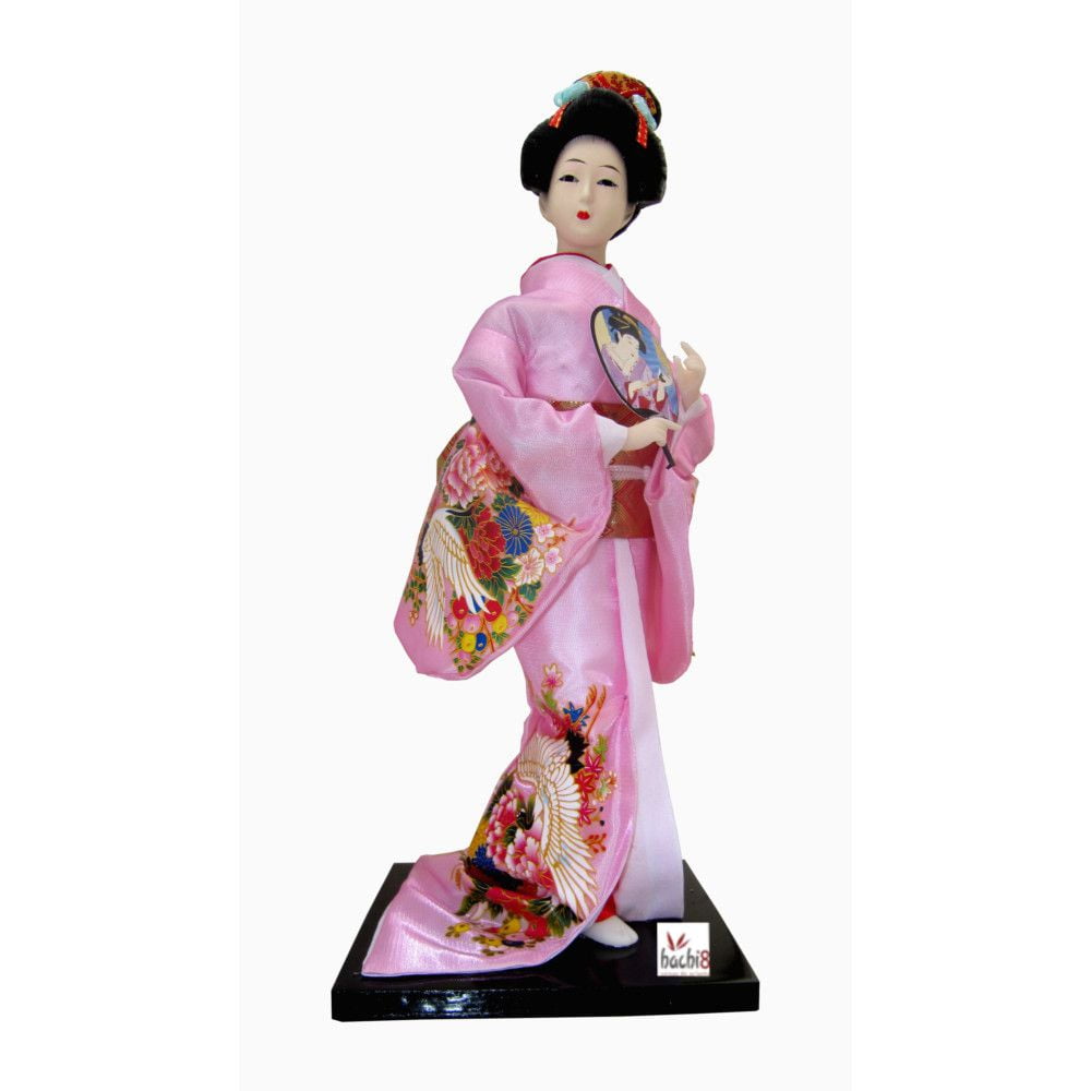 Boneca Japonesa Gueixa Artesanal com Kimono Rosa e Leque Arredondado