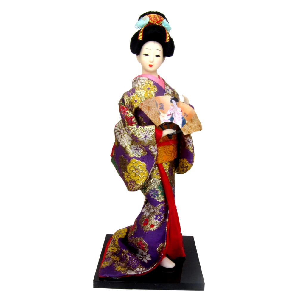 Boneca Japonesa Gueixa Artesanal com Kimono Roxo e Leque Tradicional