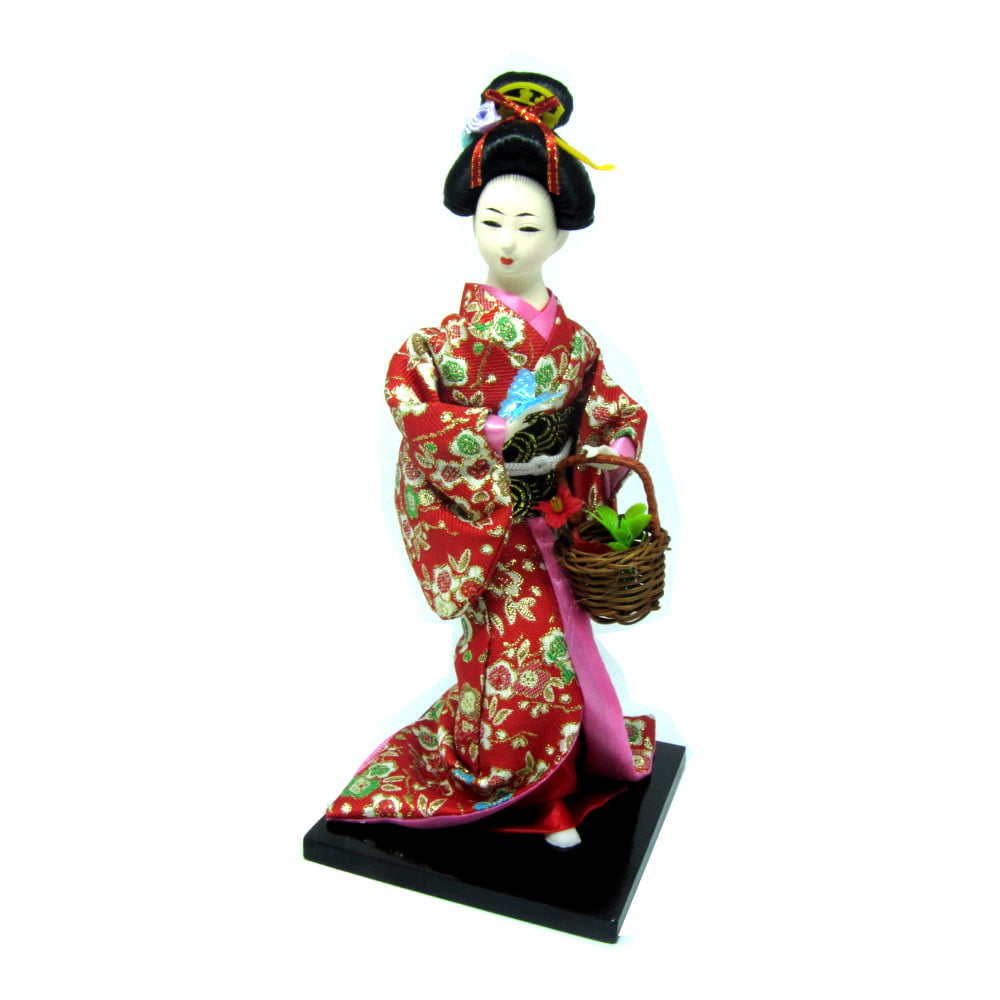 Boneca Japonesa Gueixa Artesanal com Kimono Vermelho Cesta com Flores e Borboleta