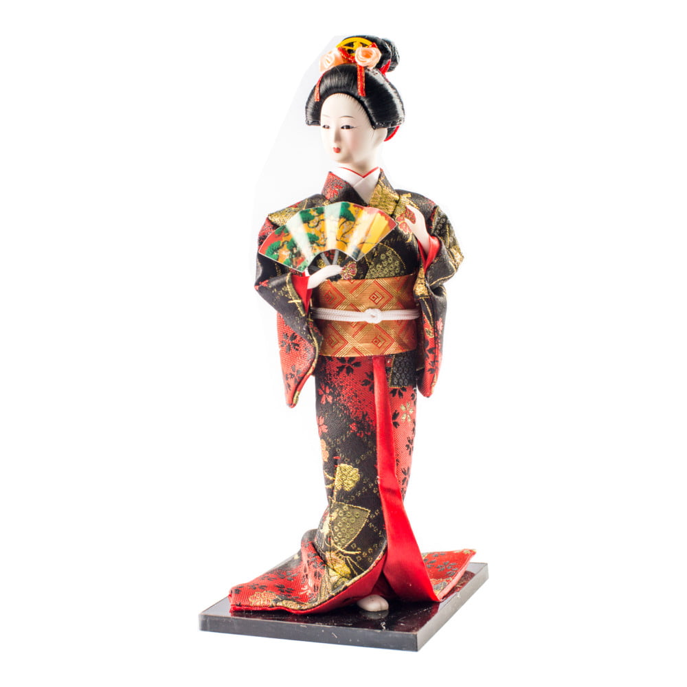 Boneca Japonesa Gueixa Artesanal com Kimono Vermelho e Preto e Leque Colorido - 30cm