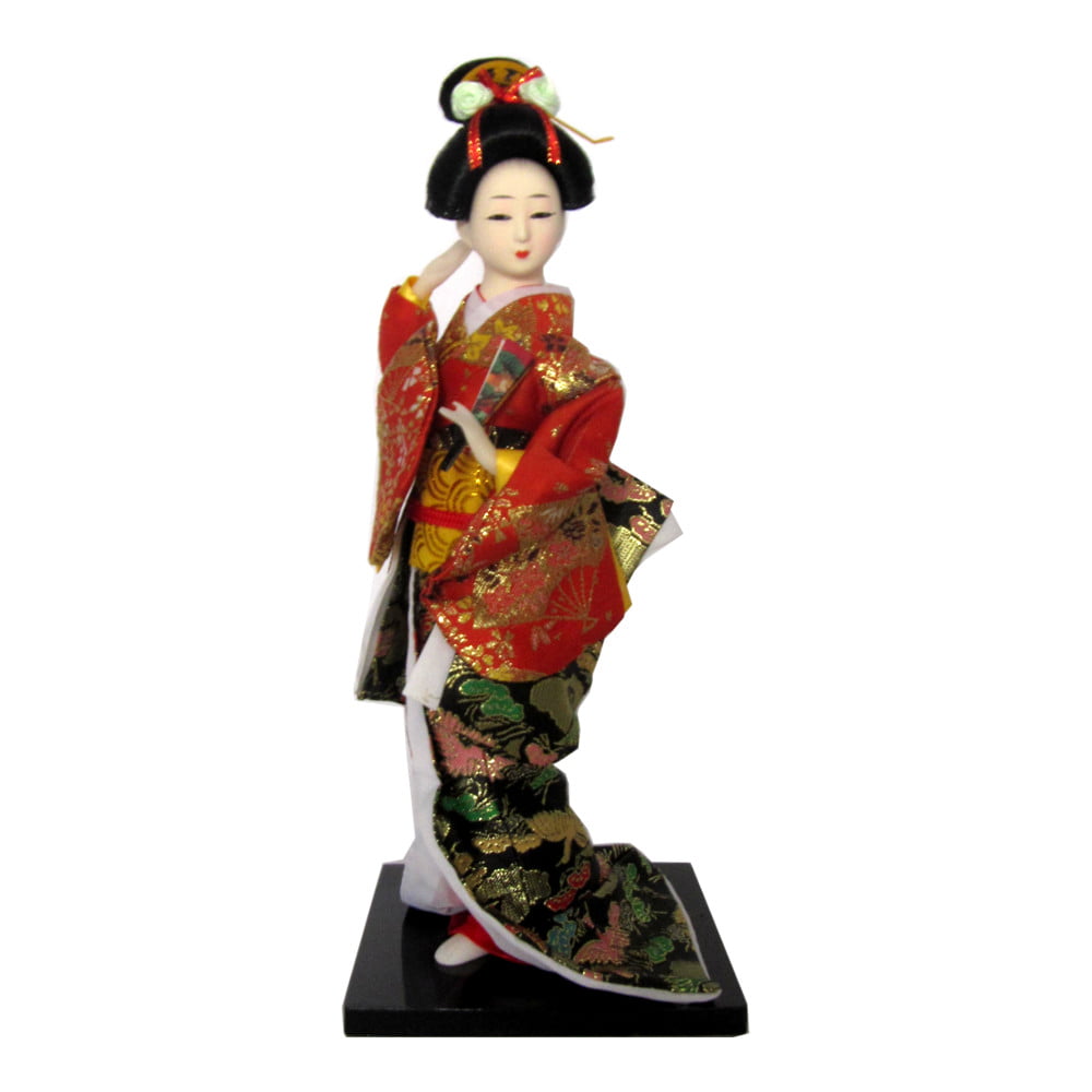 Boneca Japonesa Gueixa Artesanal com Kimono Vermelho, Preto e Leque Fechado