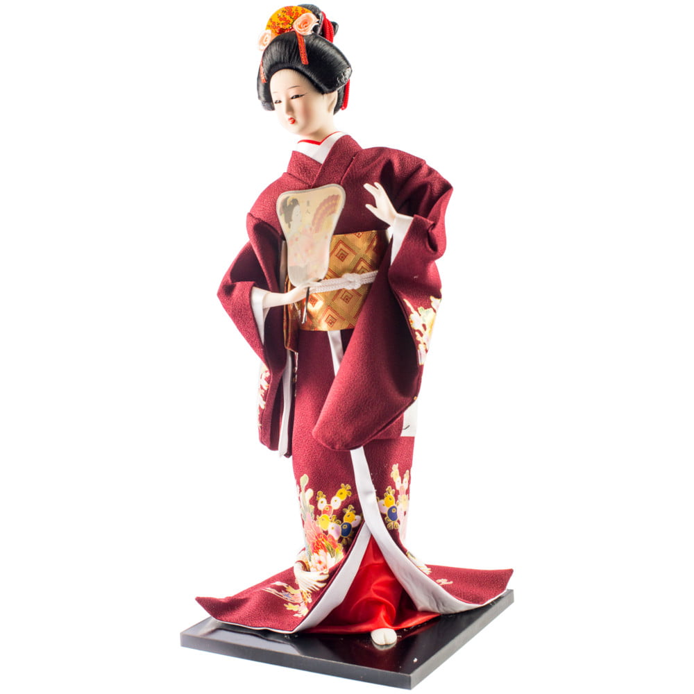 Boneca Japonesa Gueixa Grande Artesanal com Kimono Vinho e Leque Retangular - 43cm 