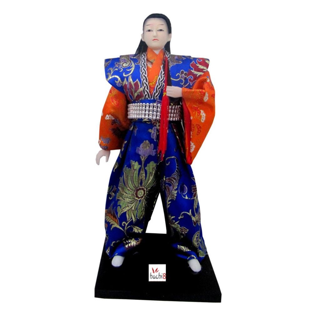 Boneco Japonês Samurai com Com Kimono Laranja e Azul com detalhes Florais - 30 cm